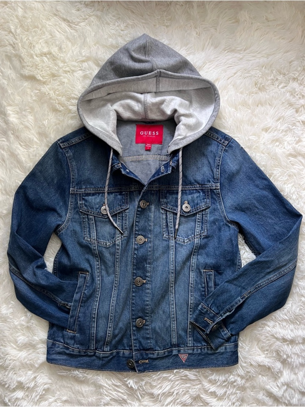 GUESS Blue Denim Jacket with Grey Hood